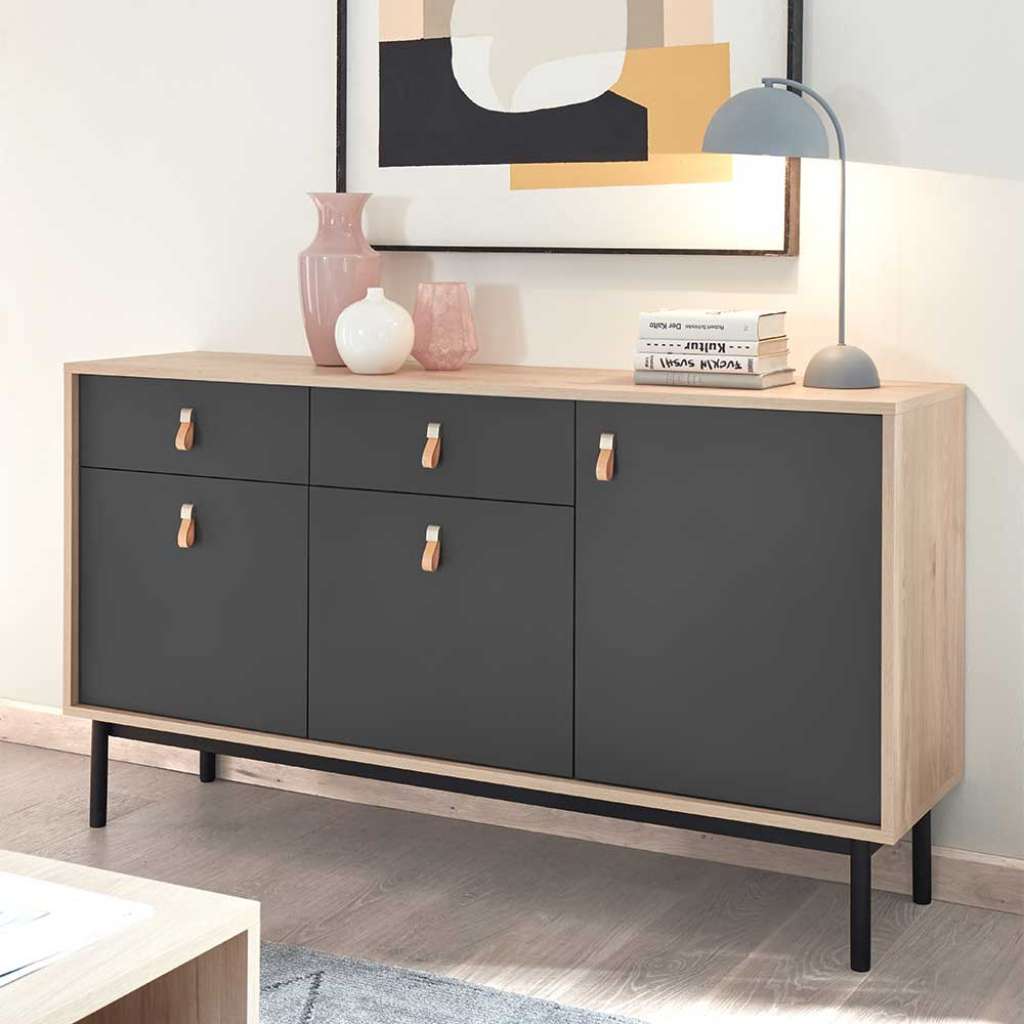 Design Sideboard in Dunkelgrau und Hickory Optik Echtledergriffen
