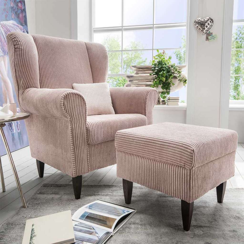 Ohrenbackensessel in Rosa Cordstoff Hocker (2-teilig)