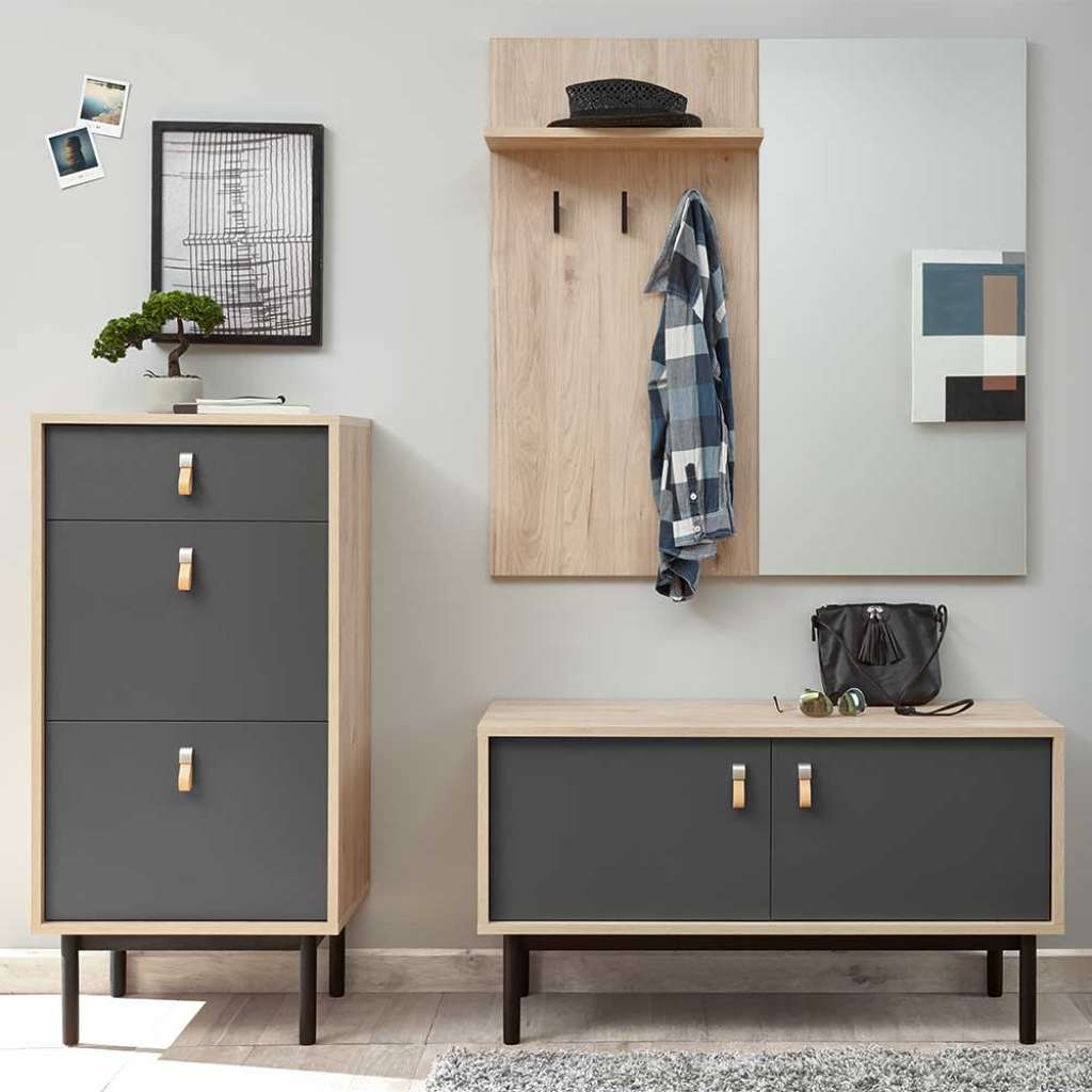 Flurgarderobe in Dunkelgrau und Hickory Optik modern (3-teilig)