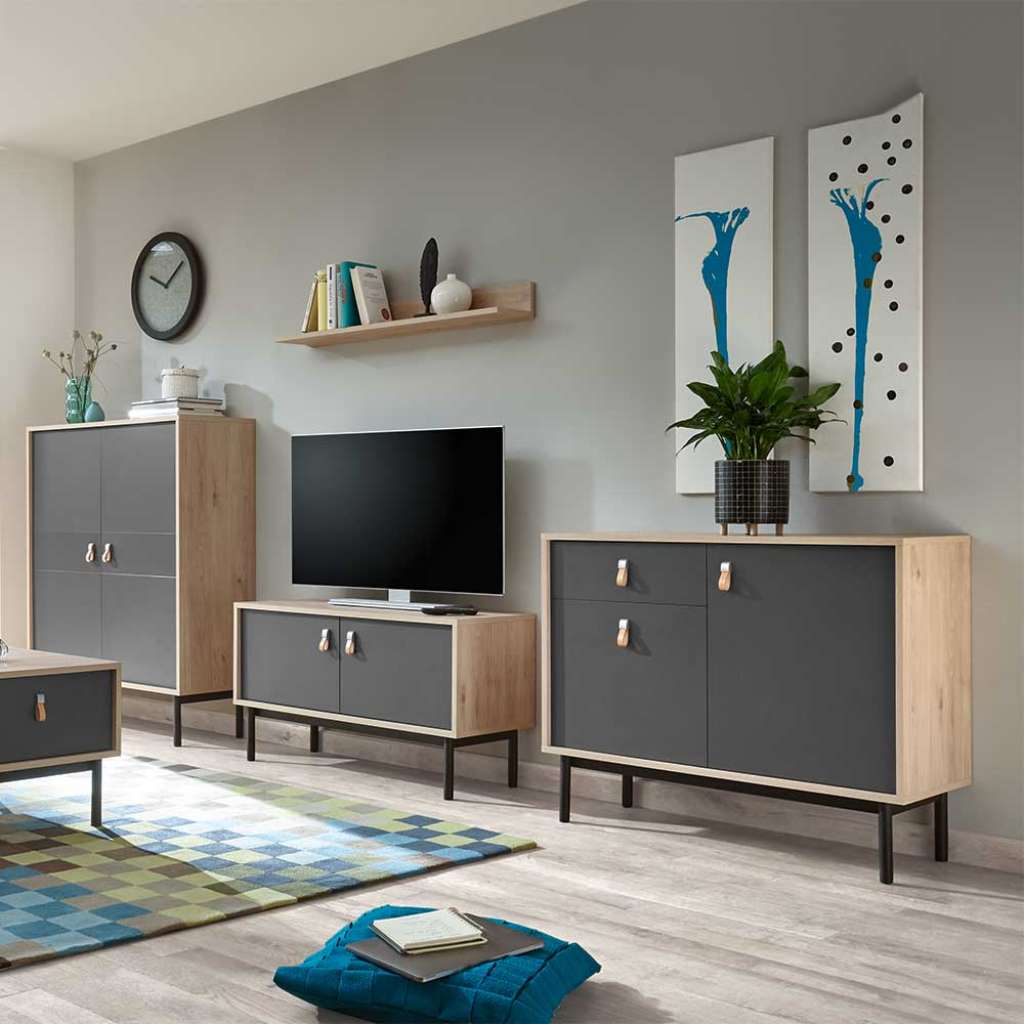 Design Anbauwand in Dunkelgrau und Hickory Optik modern (4-teilig)