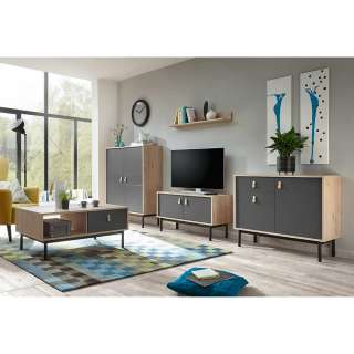 Wohnzimmer Kombination in Dunkelgrau Hickory Optik (5-teilig)