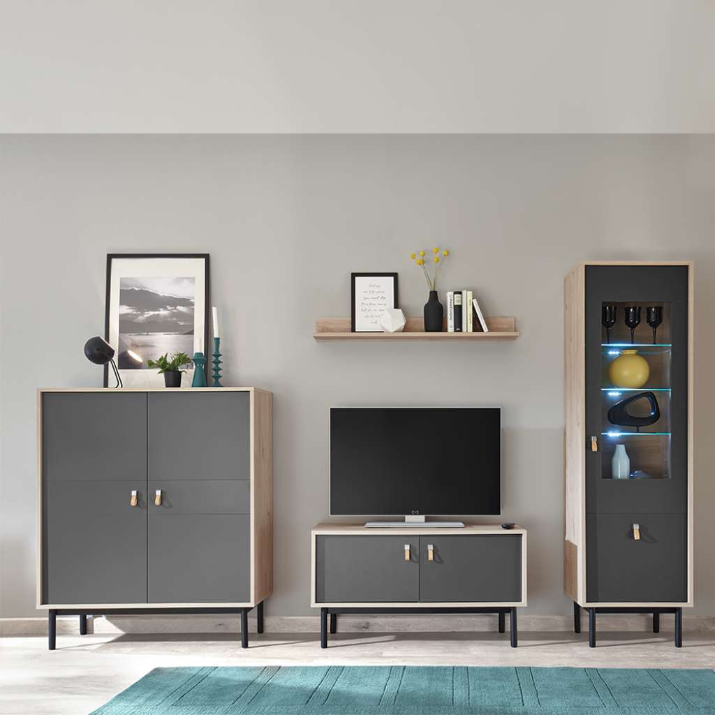 Wohnzimmerwand in Dunkelgrau und Hickory Optik Echtledergriffen (4-teilig)