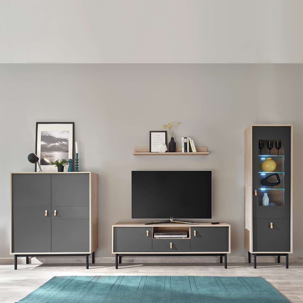 Moderne Wohnwand in Dunkelgrau und Hickory Optik Echtledergriffen (4-teilig)