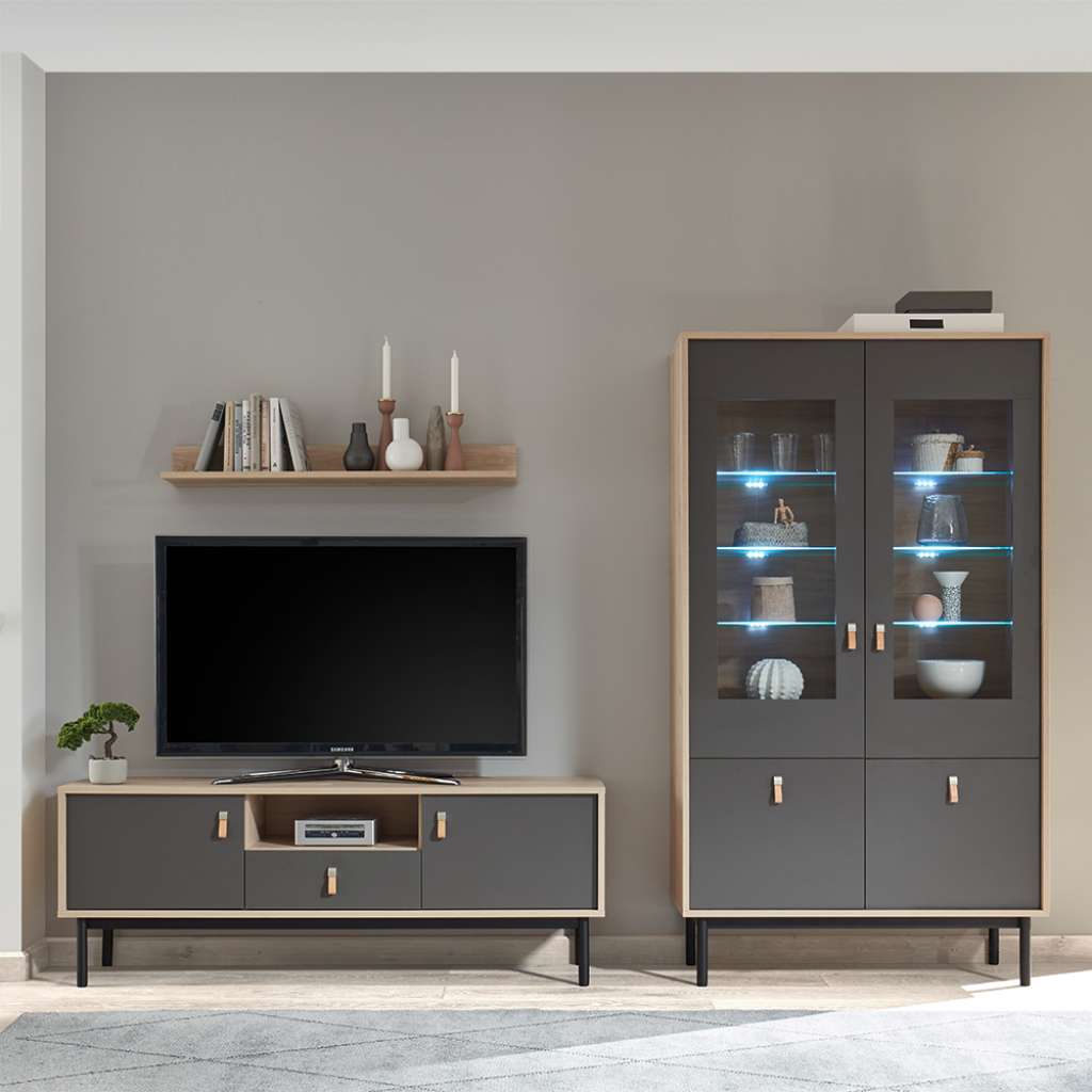TV Wohnwand in Dunkelgrau und Hickory Optik modern (3-teilig)