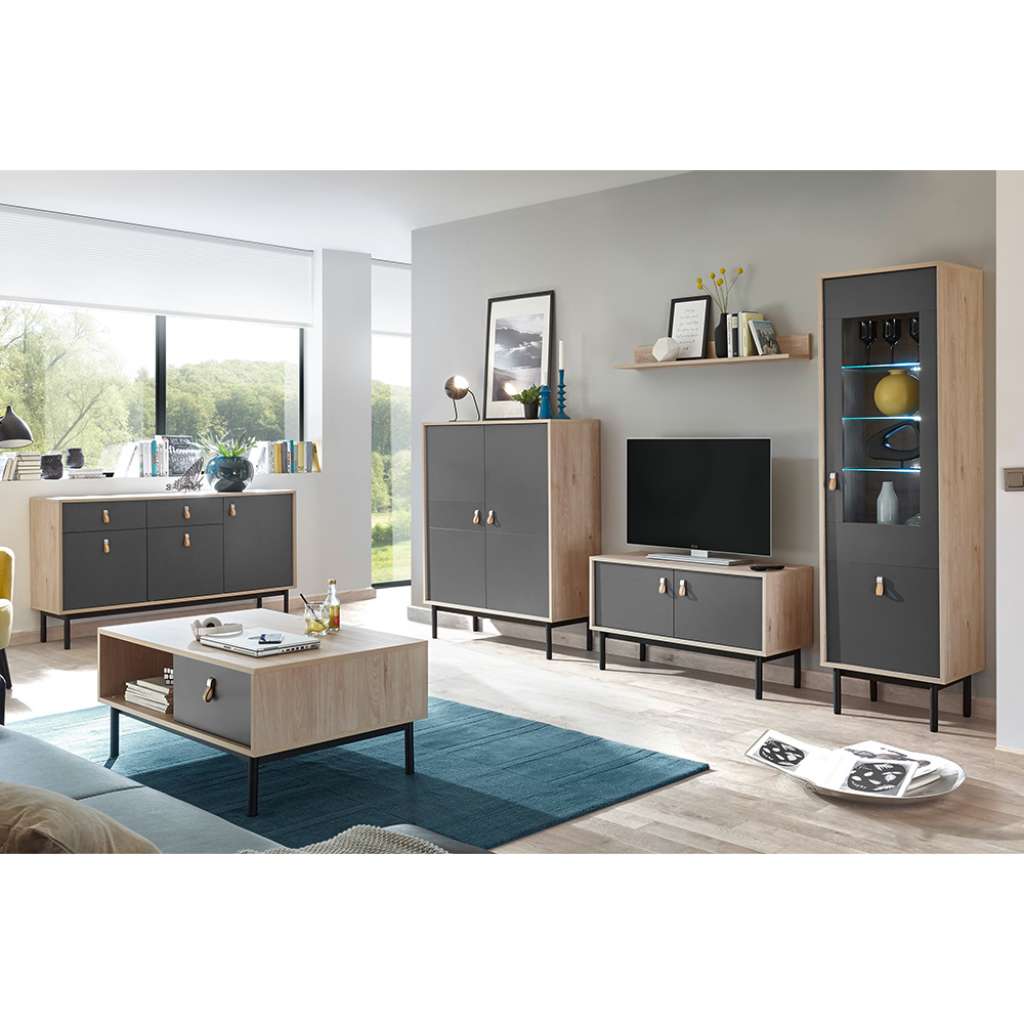 Design Wohnzimmermöbel Set in Dunkelgrau Hickory Optik (6-teilig)