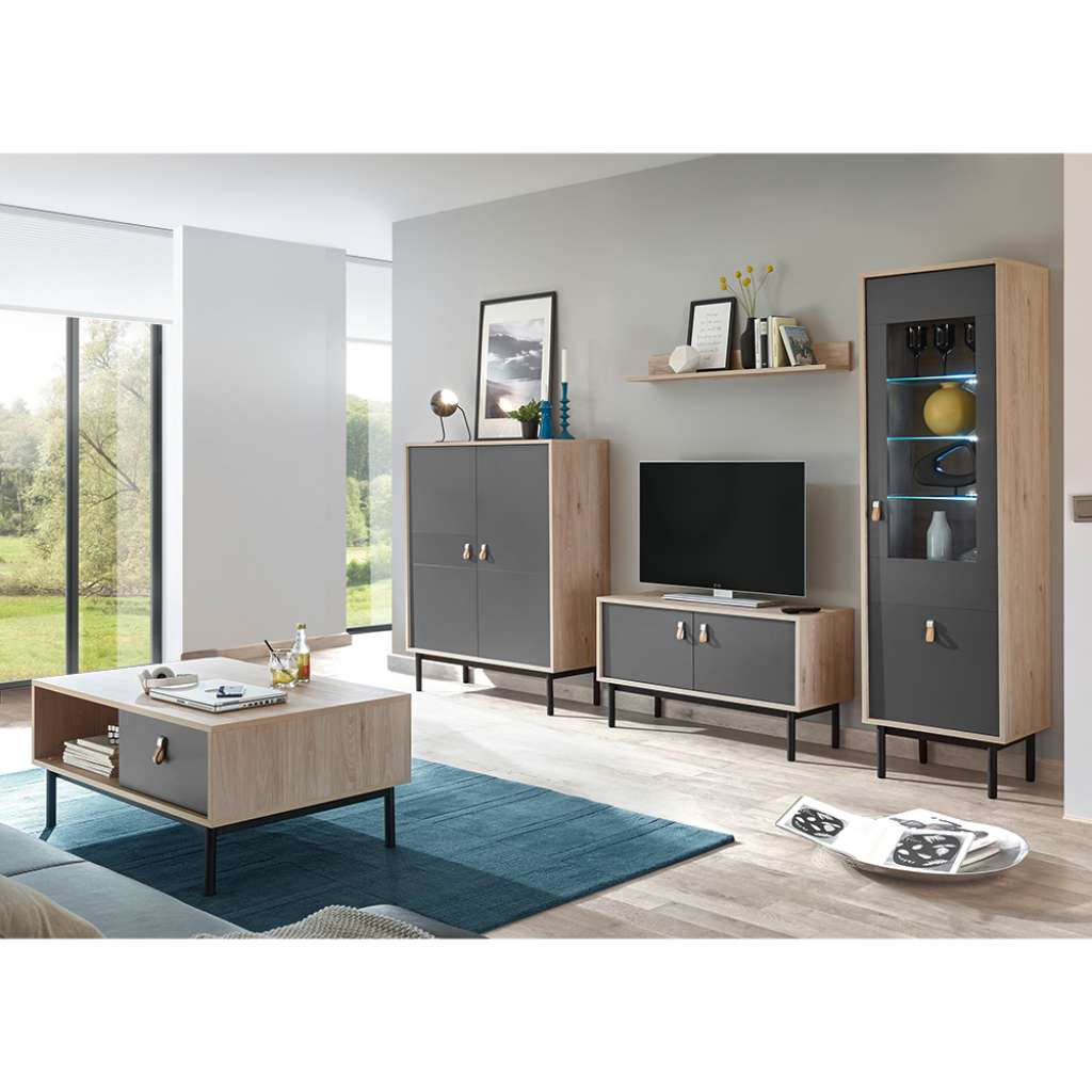 Möbel Set für Wohnzimmer Dunkelgrau und Hickory Optik (5-teilig)