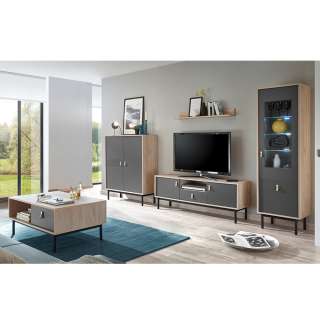 Komplett Wohnzimmerset in Dunkelgrau und Hickory Optik modern (5-teilig)