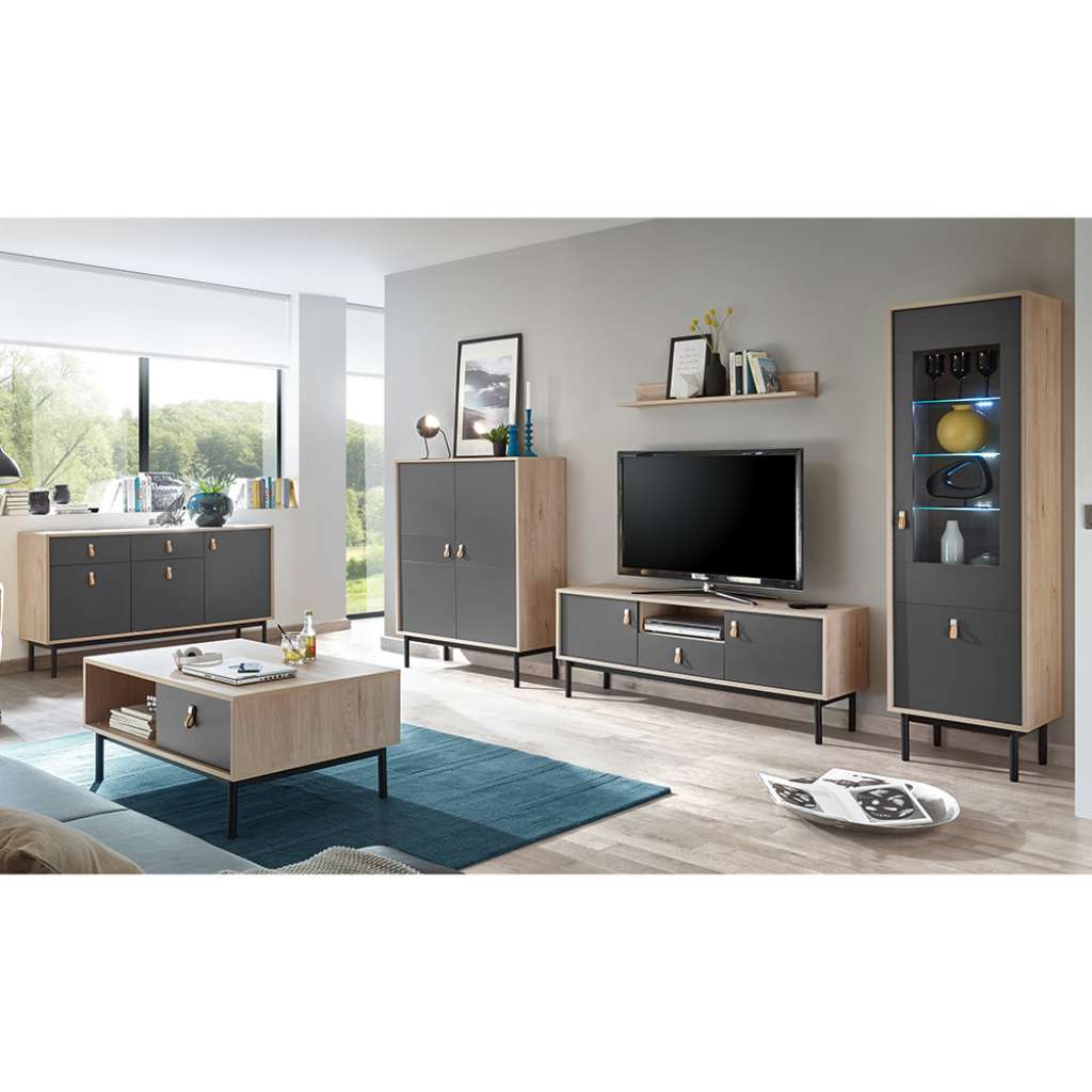Wohnzimmer Kombination in Dunkelgrau und Hickory Optik modern (6-teilig)