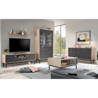 Wohnzimmer Möbel Set in Dunkelgrau und Hickory Optik komplett (5-teilig)