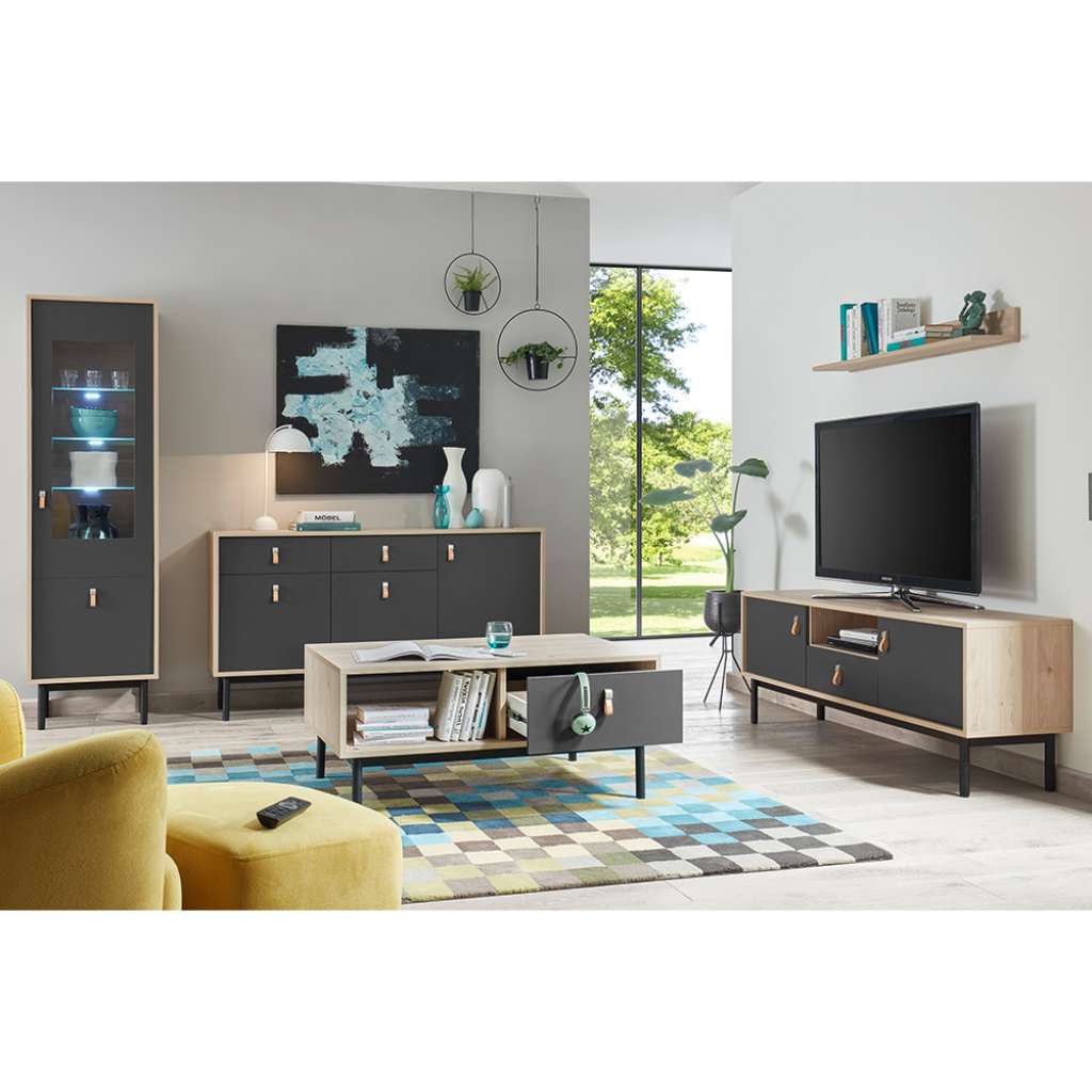 Wohnzimmereinrichtung in Dunkelgrau und Hickory Optik modern (5-teilig)