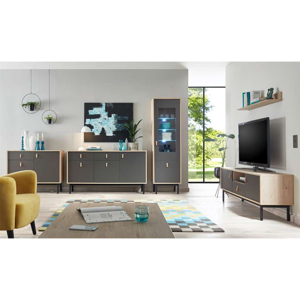 Wohnzimmer Set in Dunkelgrau und Hickory Optik modern (5-teilig)