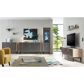 Wohnzimmer Set in Dunkelgrau und Hickory Optik modern (5-teilig)