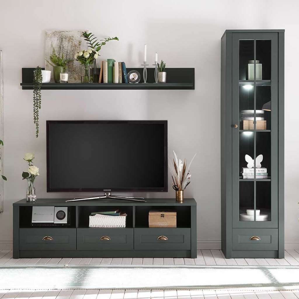 Landhaus Anbauwand in Dunkelgrün 210 cm breit (3-teilig)