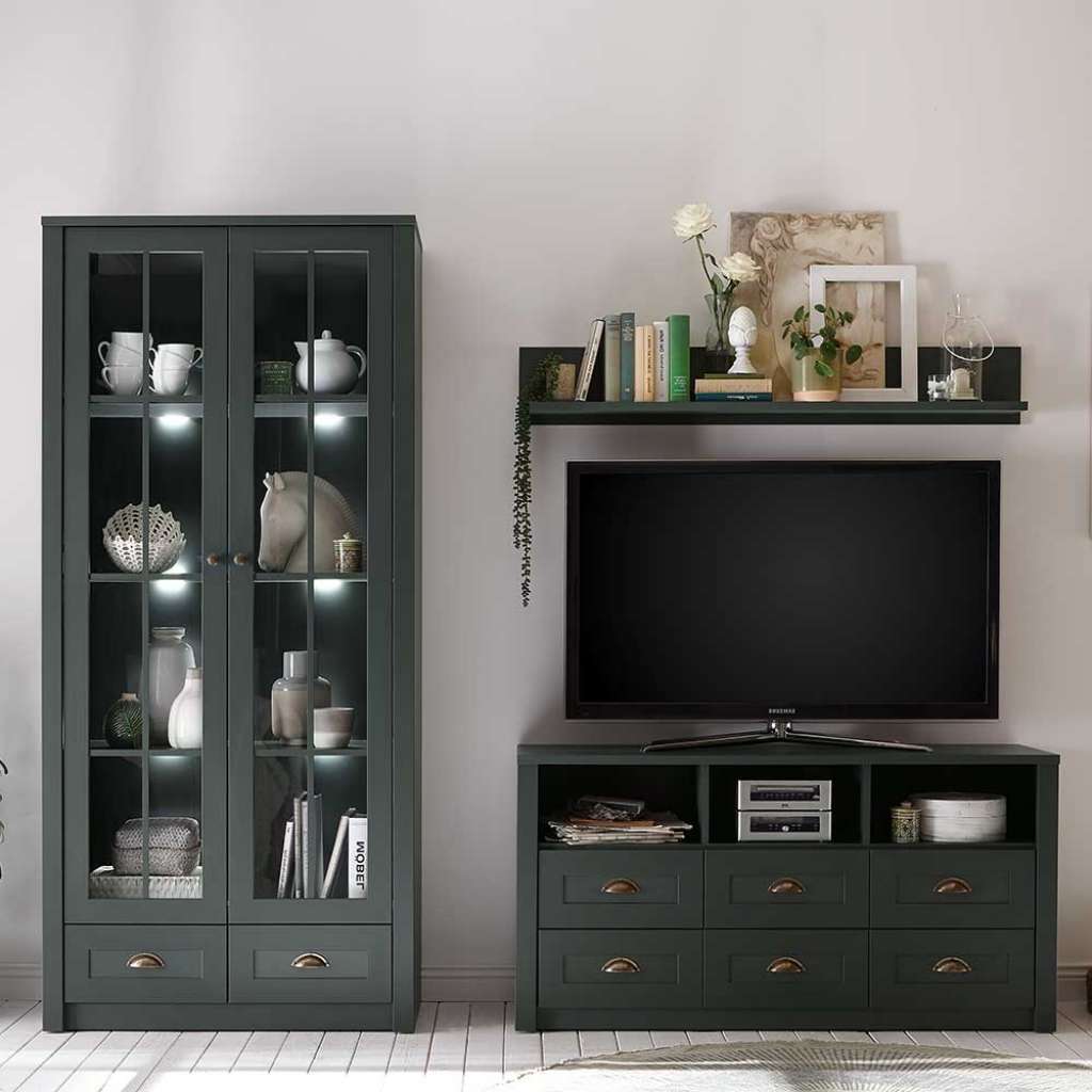 Landhaus Wohnwand in Dunkelgrün 220 cm breit (3-teilig)