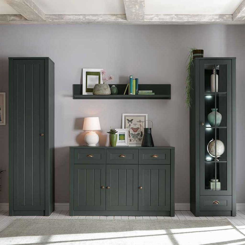 Wohnzimmerschrankwand in Dunkelgrün Landhausstil (4-teilig)