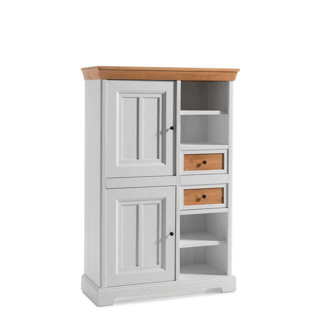 Wohnzimmer Highboard in Weiß mit Fichte furniert Landhaus Design