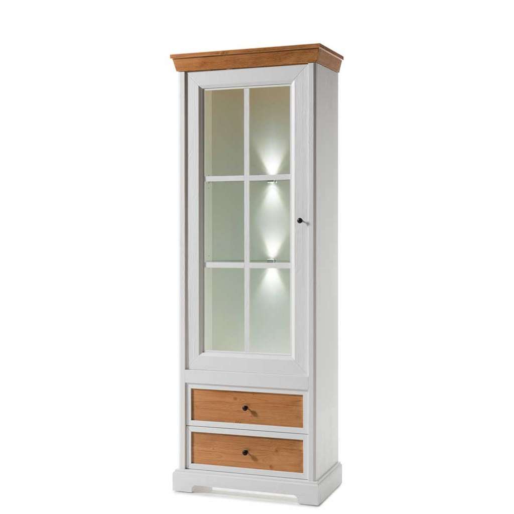 Landhaus Vitrine in Weiß Fichte furniert zwei Schubladen
