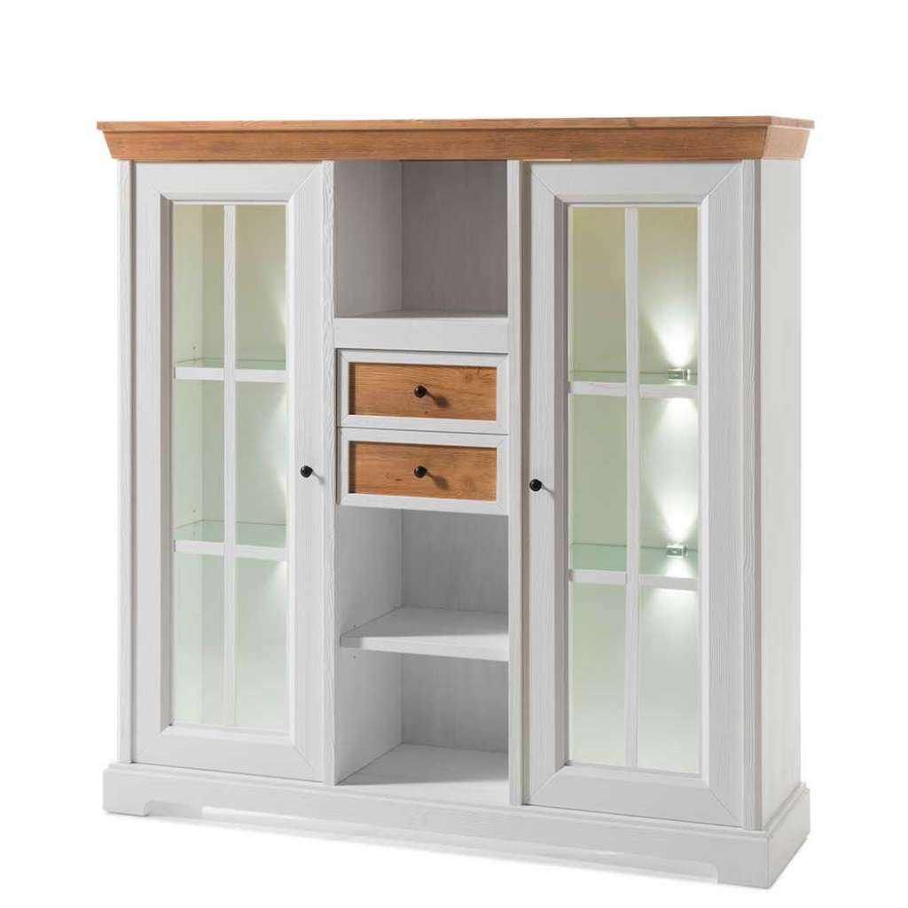 Highboard Vitrine im Landhausstil Weiß Fichte furniert
