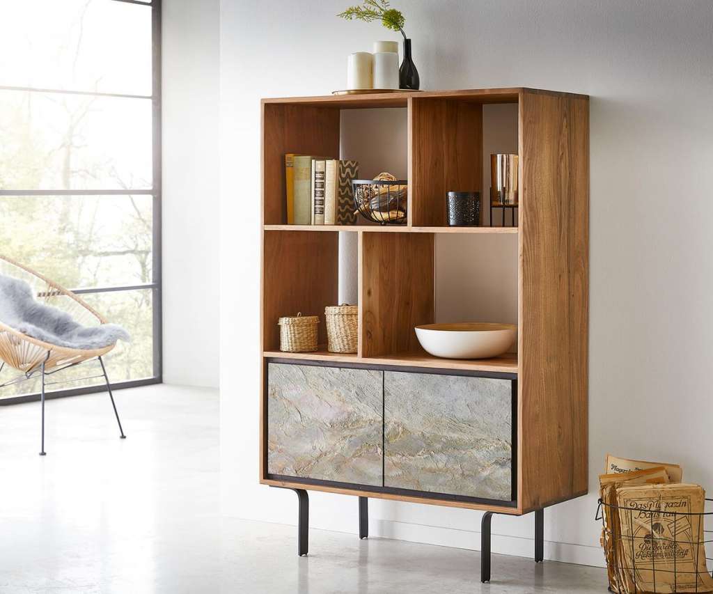 DELIFE Bücherregal Juwelo 88x135 cm Akazie Natur mit Steinfurnier, Standregale