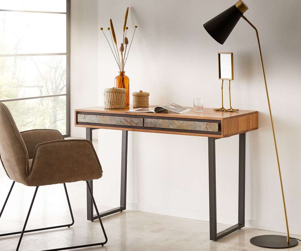 DELIFE Schreibtisch Juwelo 115 cm Akazie Natur mit Steinfurnier, Beistelltische