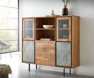 DELIFE Highboard Juwelo 147 cm Akazie Natur mit Steinfurnier, Standregale