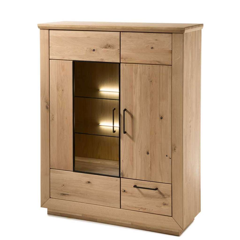 Wohnzimmer Highboard aus Wildeiche Bianco massiv Glastür