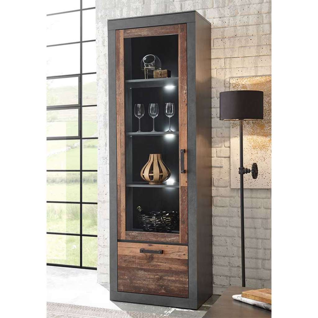 Esszimmer Vitrine in Dunkelgrau und Altholz Optik 65 cm breit