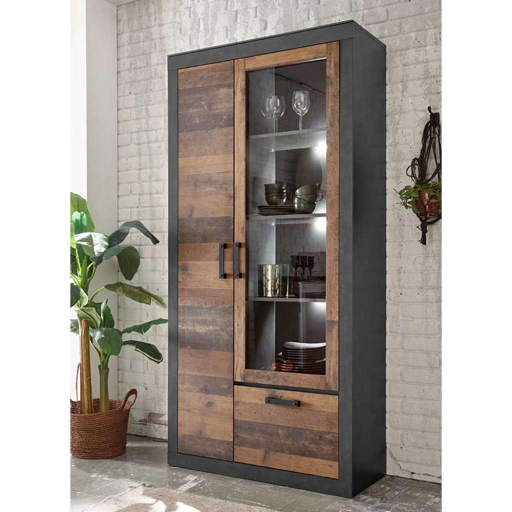 Schrank Vitrine in Dunkelgrau und Altholz Optik Loft Design