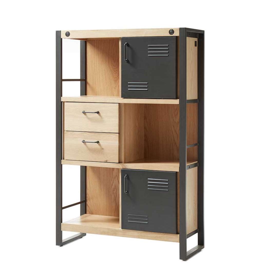 Hohe Kommode im Industriedesign Eiche Massivholz und Metall