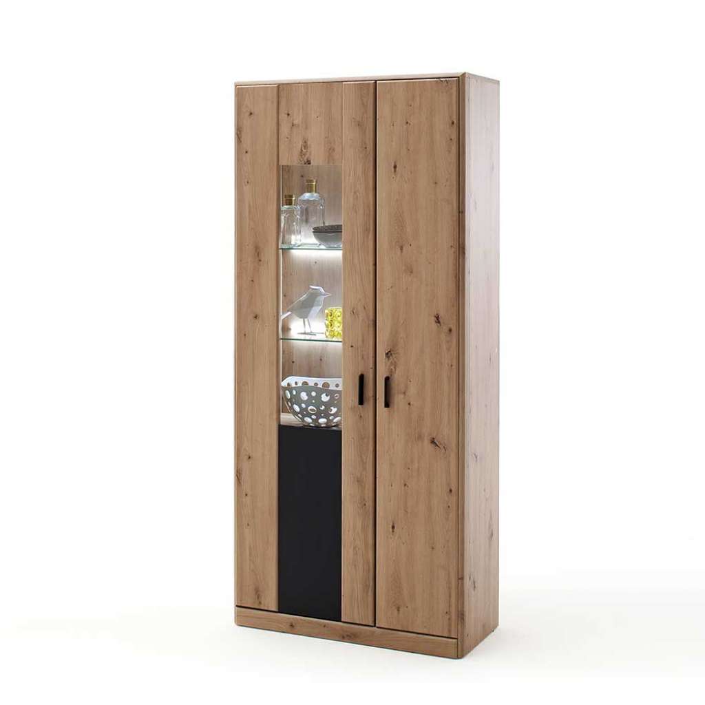 Wohnzimmervitrine in Eichefarben und Dunkelgrau modern