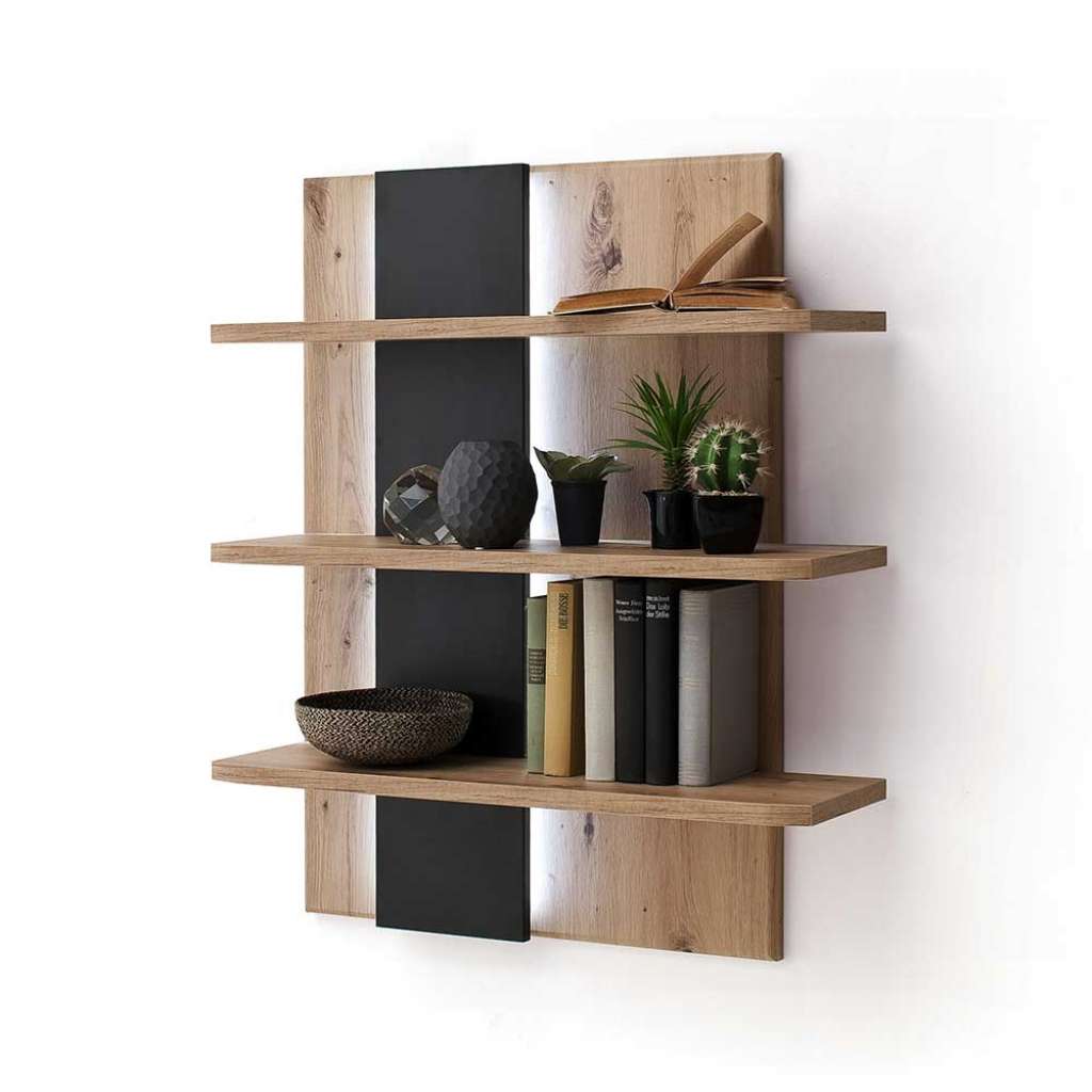 Design Wandregal in Eichefarben und Dunkelgrau 90 cm hoch