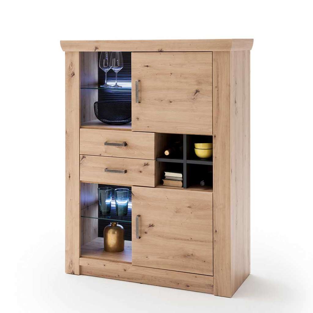 Wohnzimmer Highboard in Eiche Optik und Anthrazit Flaschenfach