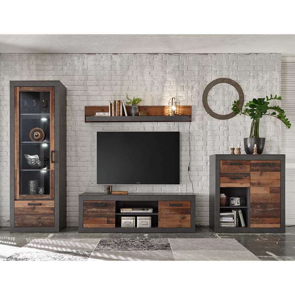 TV Wohnwand in Dunkelgrau und Altholz Optik 310 cm breit (4-teilig)