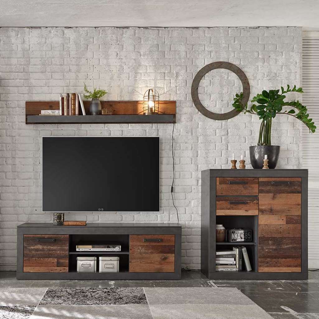 Wohnzimmerwand im Loft Design Dunkelgrau und Altholz Optik (3-teilig)