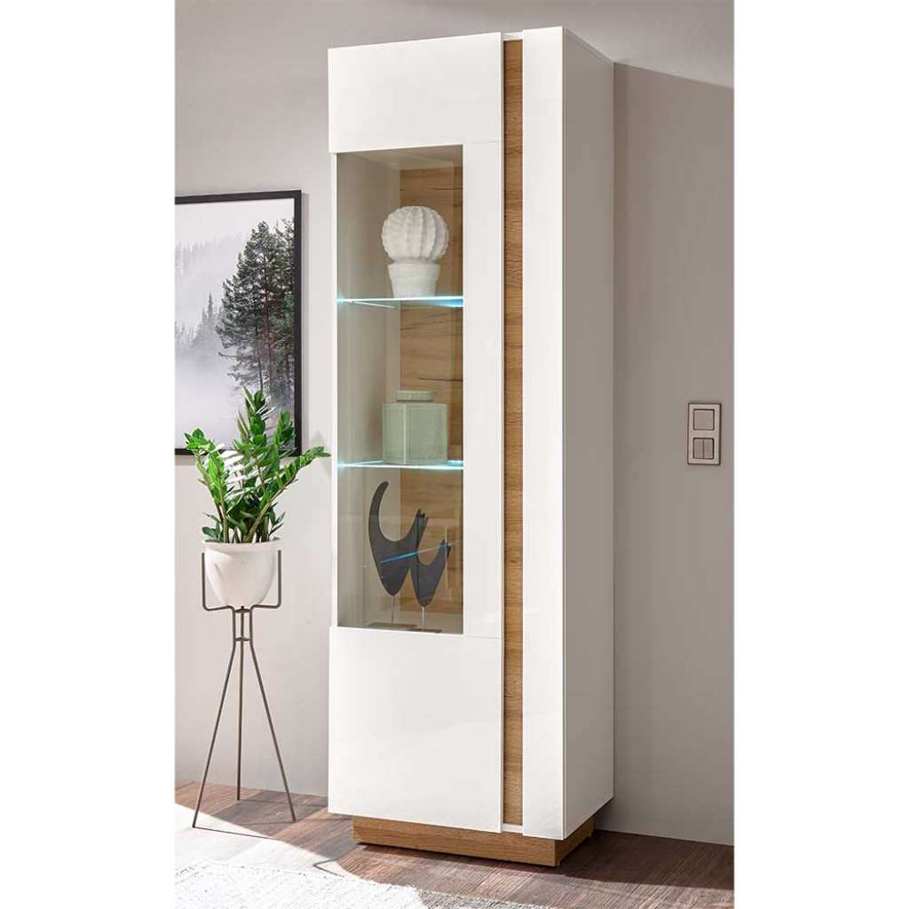 Schrank Vitrine in Weiß und Wildeiche Optik 60 cm breit