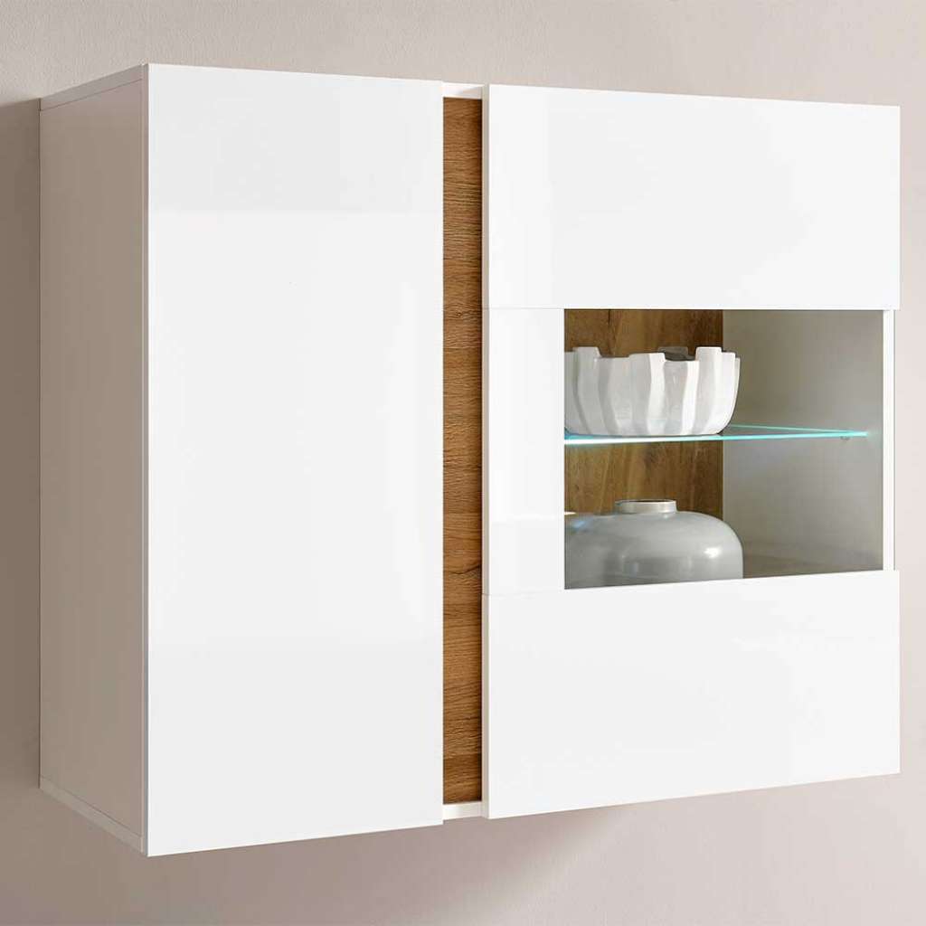 Wohnzimmer Wandvitrine in Weiß und Wildeiche Optik Skandi Design