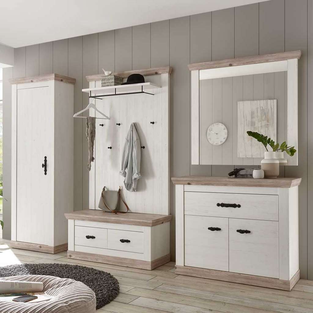Garderobenmöbel im Landhausstil Weiß und Kieferfarben (5-teilig)