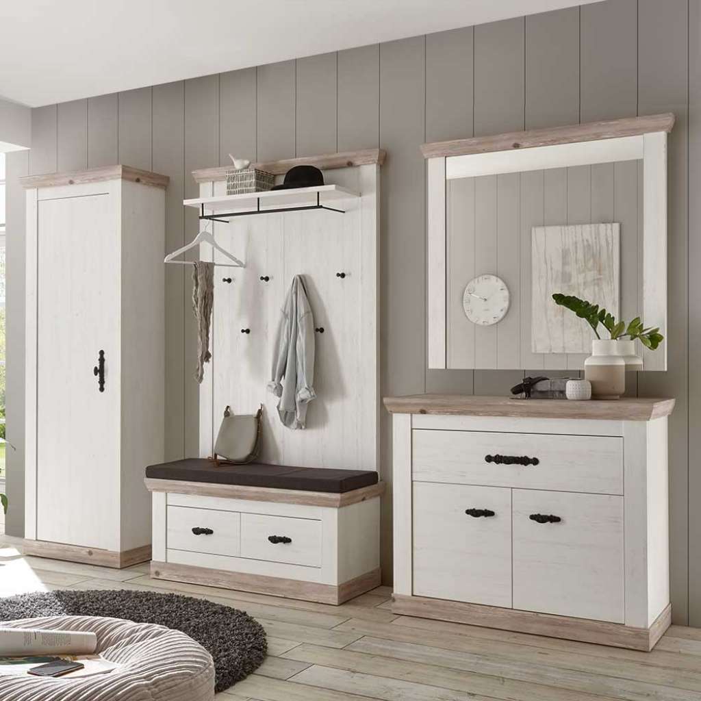 Landhaus Garderobe in Weiß Kieferfarben (5-teilig)