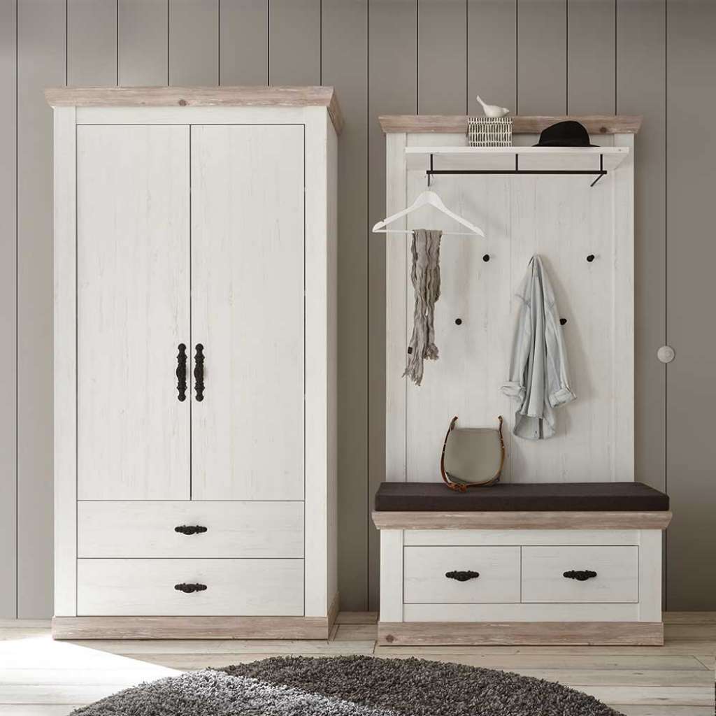 Flurgardarobe im Landhaus Design Weiß und Kieferfarben (3-teilig)
