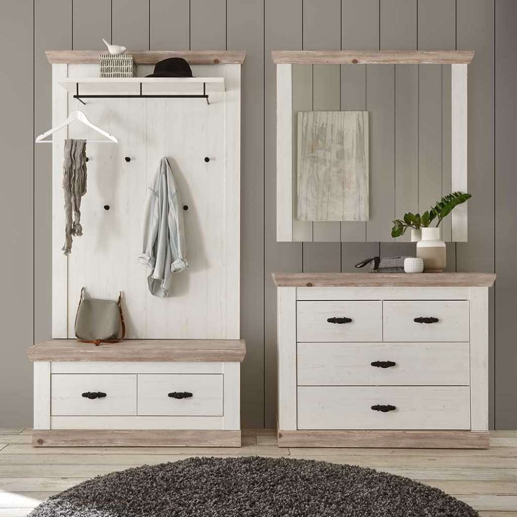 Dielenmöbel Set im Landhausstil Weiß und Kieferfarben (4-teilig)