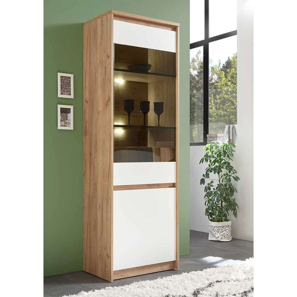 Wohnzimmervitrine in Weiß und Eiche Optik 190 cm hoch