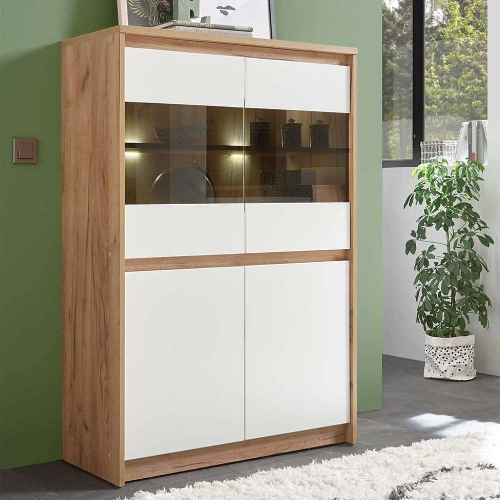 Highboard Vitrine in Weiß und Eichefarben Griffmulden