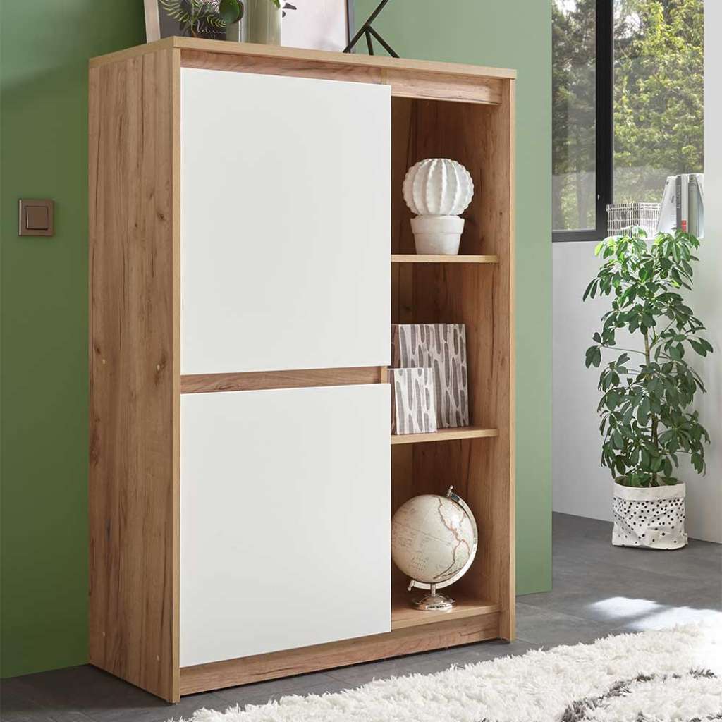 Wohnzimmer Highboard in Weiß und Eichefarben Griffmulden