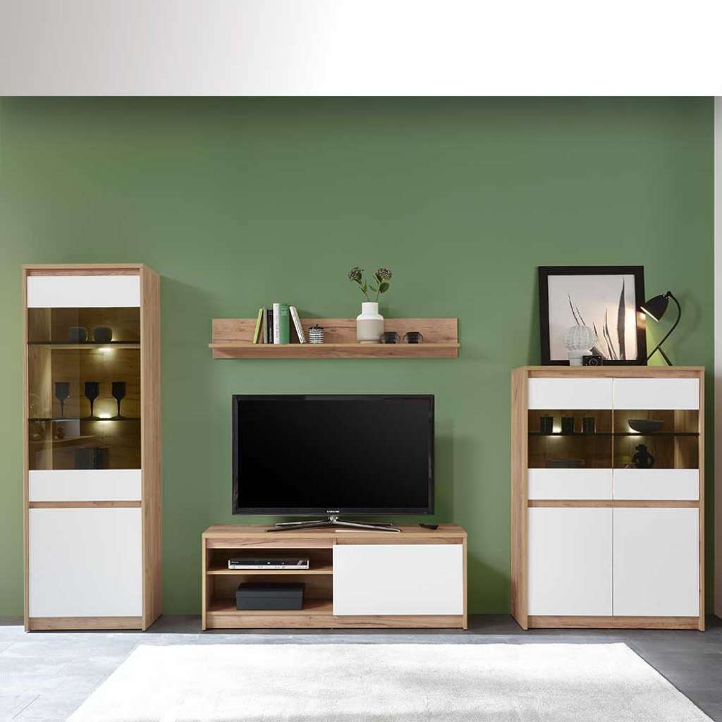 Wohnzimmerschrank in Weiß und Eiche Optik Griffmulden (4-teilig)