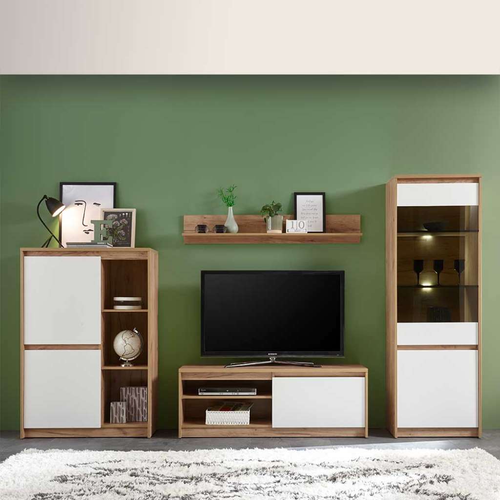 TV Wohnwand in Weiß und Eichefarben Griffmulden (4-teilig)