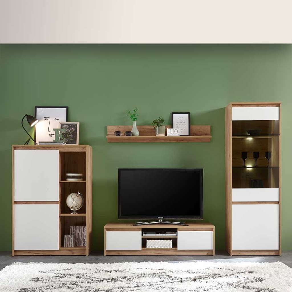 Wohnzimmeranbauwand in Weiß und Eiche Optik Griffmulden (4-teilig)