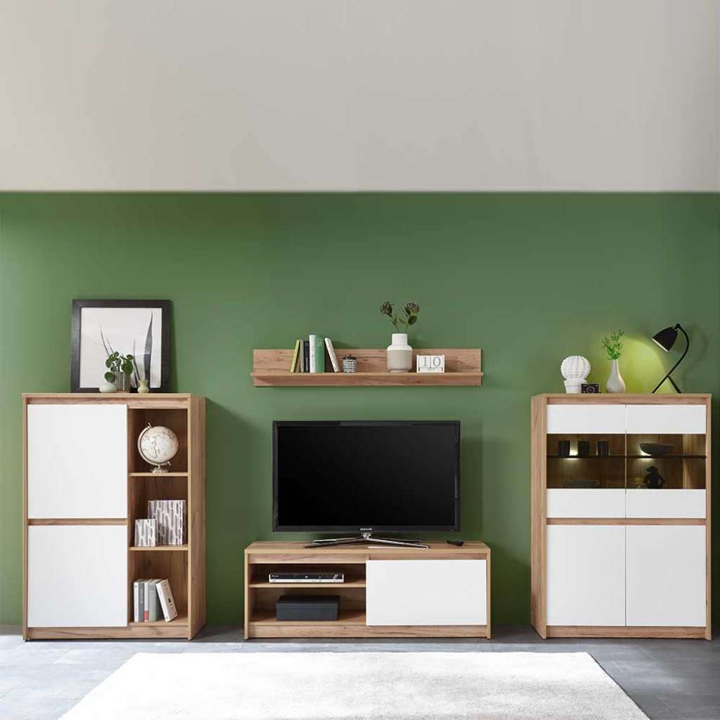 Moderne Wohnwand in Weiß und Eiche Optik Griffmulden (4-teilig)