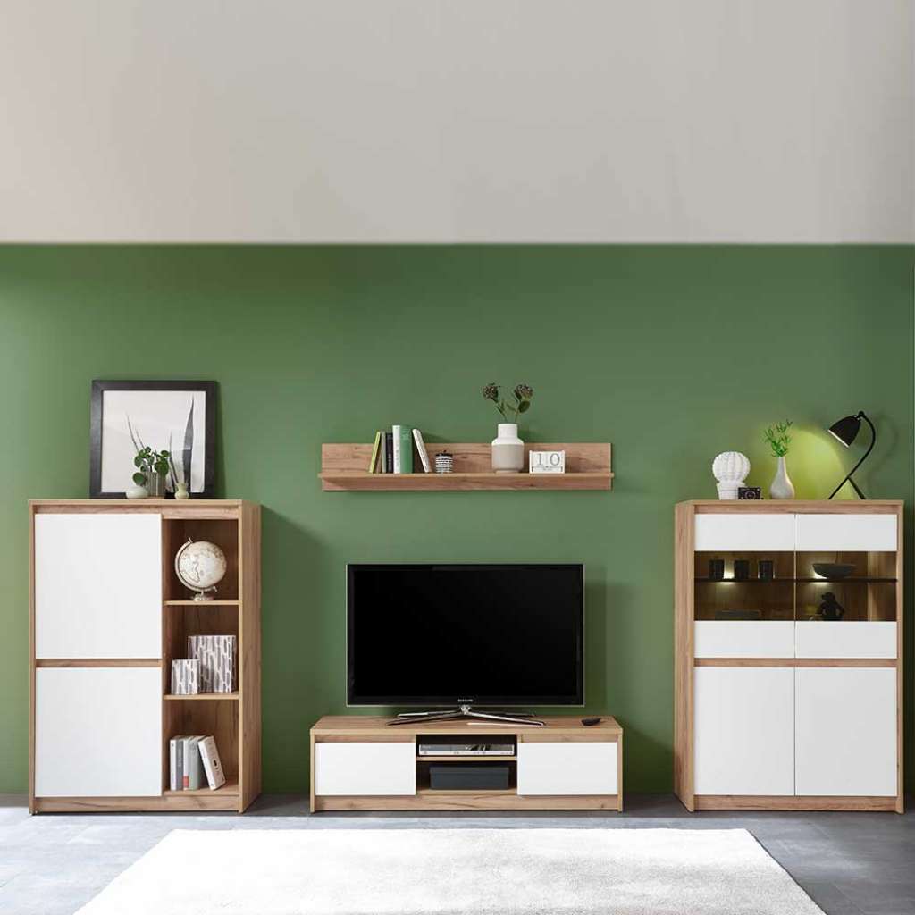 TV Wohnwand in Weiß und Eiche Optik Griffmulden (4-teilig)