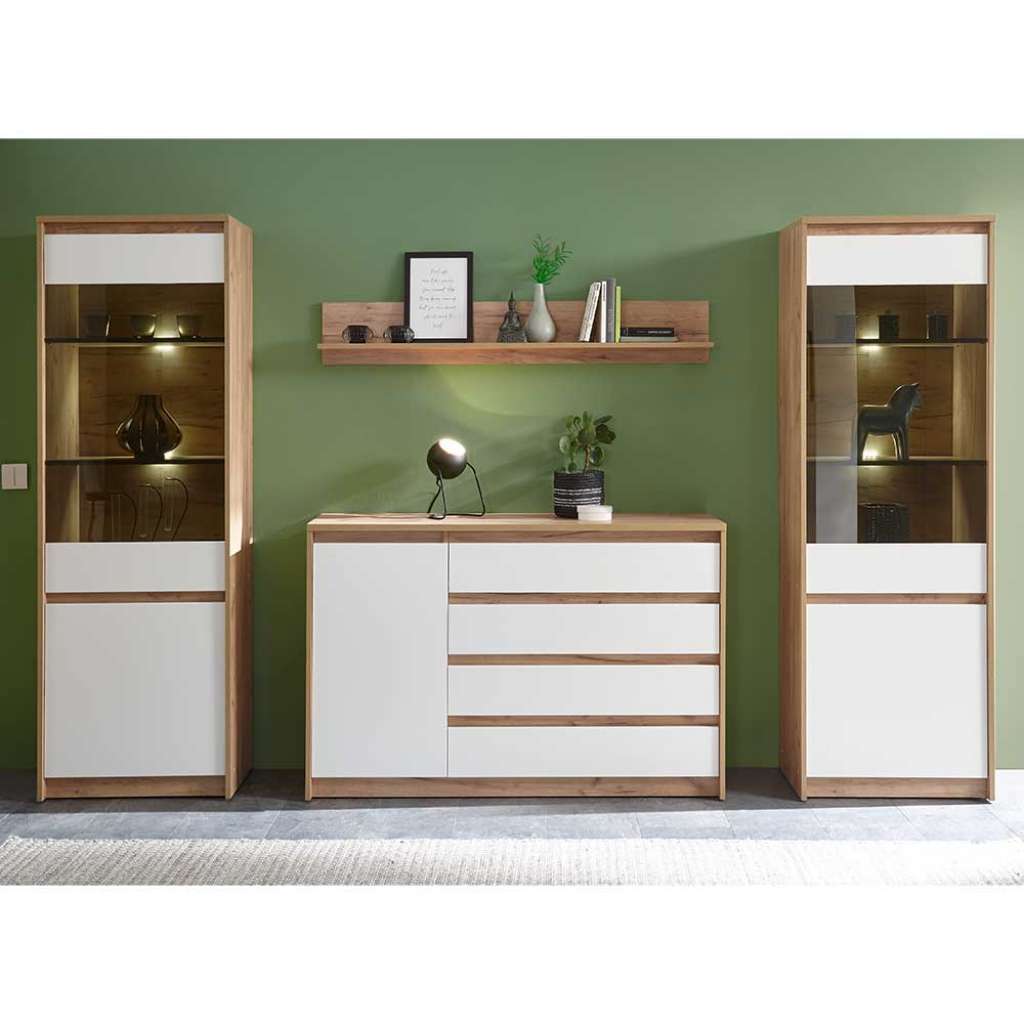 Wohnzimmer Schrankwand in Weiß und Eichefarben Griffmulden (4-teilig)