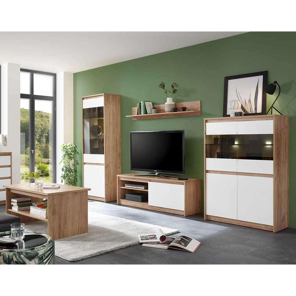 Wohnzimmermöbel in Weiß und Eiche Optik modern (5-teilig)